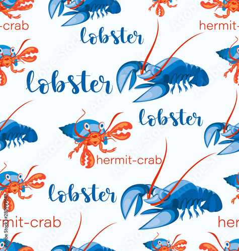 Lobsters and hermit crabs. Seamless pattern. Funny characters. Background image for a thematic site, children's textiles, seafood store, packaging design.