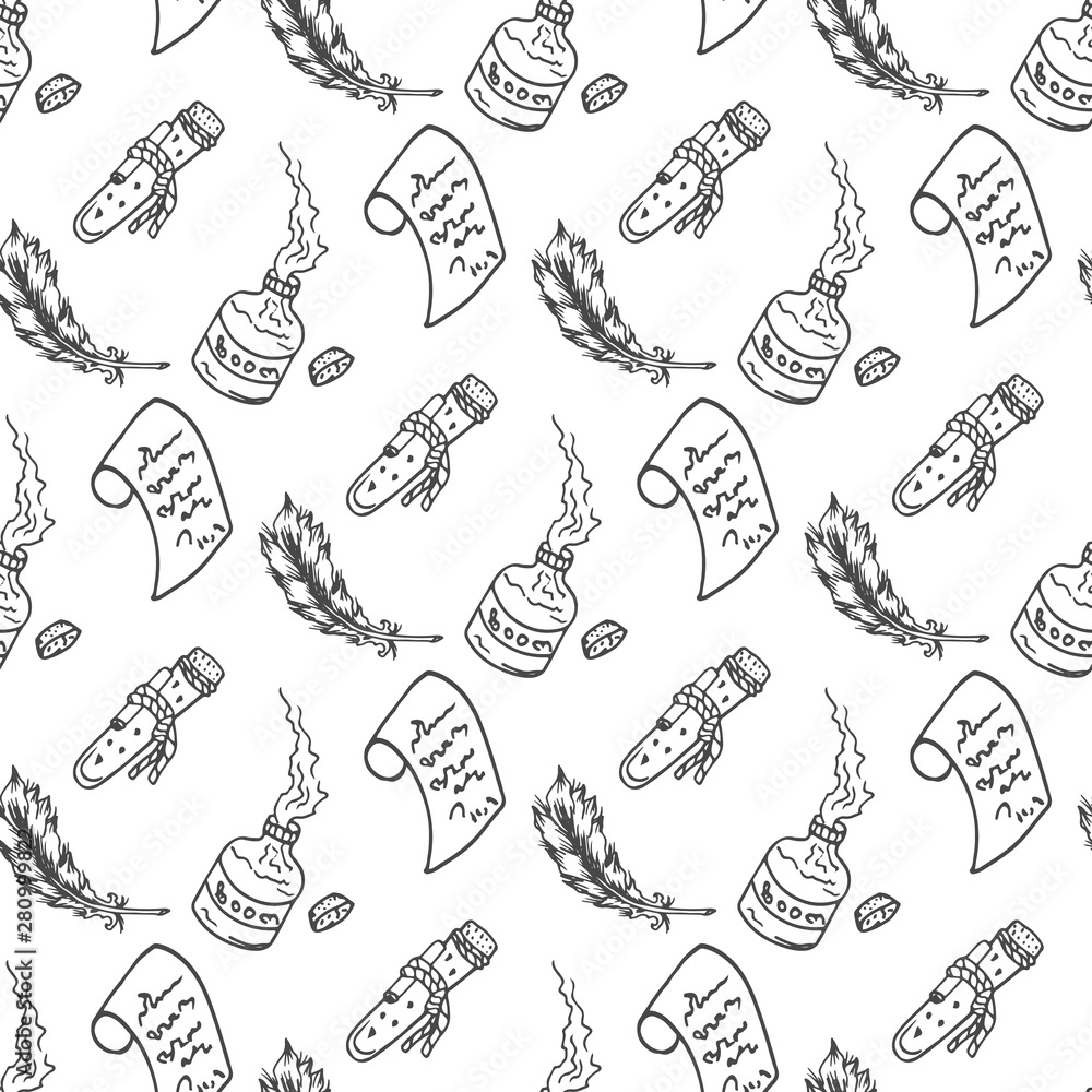 Apothecary alchemy magic craft seamless pattern, black and white, vector Apothecary alchemy magic craft seamless pattern, black and white, vector