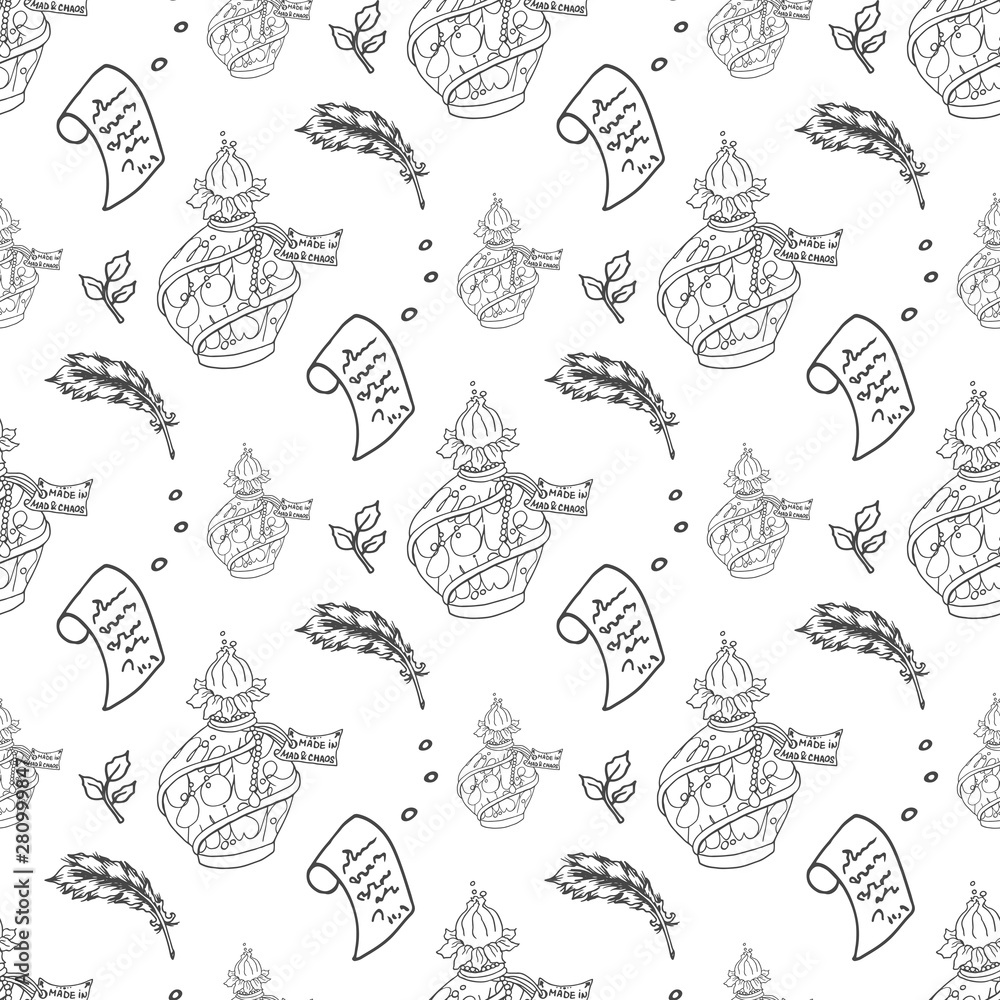 Apothecary alchemy magic craft seamless pattern, black and white, vector Apothecary alchemy magic craft seamless pattern, black and white, vector