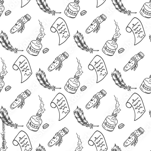 Apothecary alchemy magic craft seamless pattern, black and white, vector