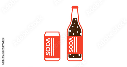 Bottled soda, beverage, vitamin juice, sparkling or natural water in cans and glass. Vector flat style cartoon illustration isolated on white background