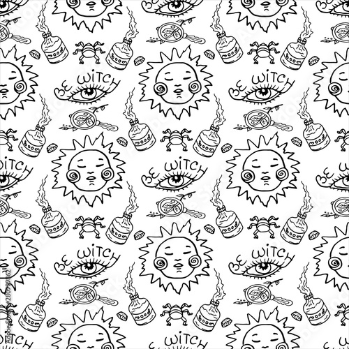 Witch eye seamless pattern, black and white graphic vector