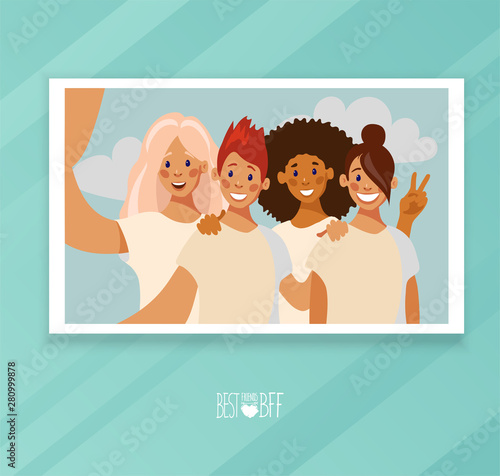 Selfie photo card of a group of four friends. Selfie photo characters girls in flat design. Photo printing concept. Vector illustration in flat cartoon design.