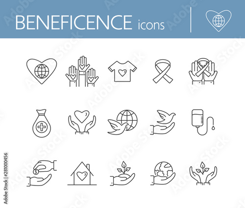 Beneficence icons. Line icons collection on white background. Cancer ribbon, conservation, crowdfunding. Help concept. Vector illustration can be used for topics like charity, support, volunteering