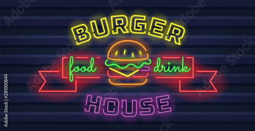 Burger cafe neon sign. Glowing tasty big burger on dark wall. Vector illustration in neon style for fast food restaurant or snack bar