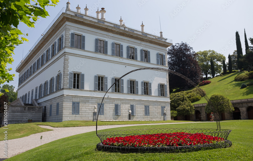 BELLAGIO, ITALY, JUNE 19, 2019 - View of Villa Melzi and the Gardens in the village of Bellagio on Como lake, Italy