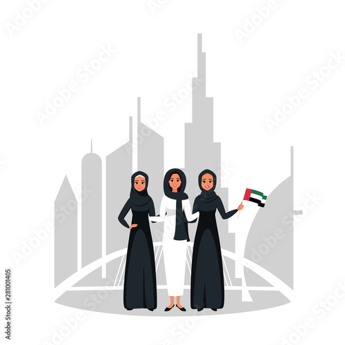 Group of young muslim businesswomen standing together at celebration Emirati Women's day on background skylines of downtown Dubai. Vector illustration in flat cartoon style