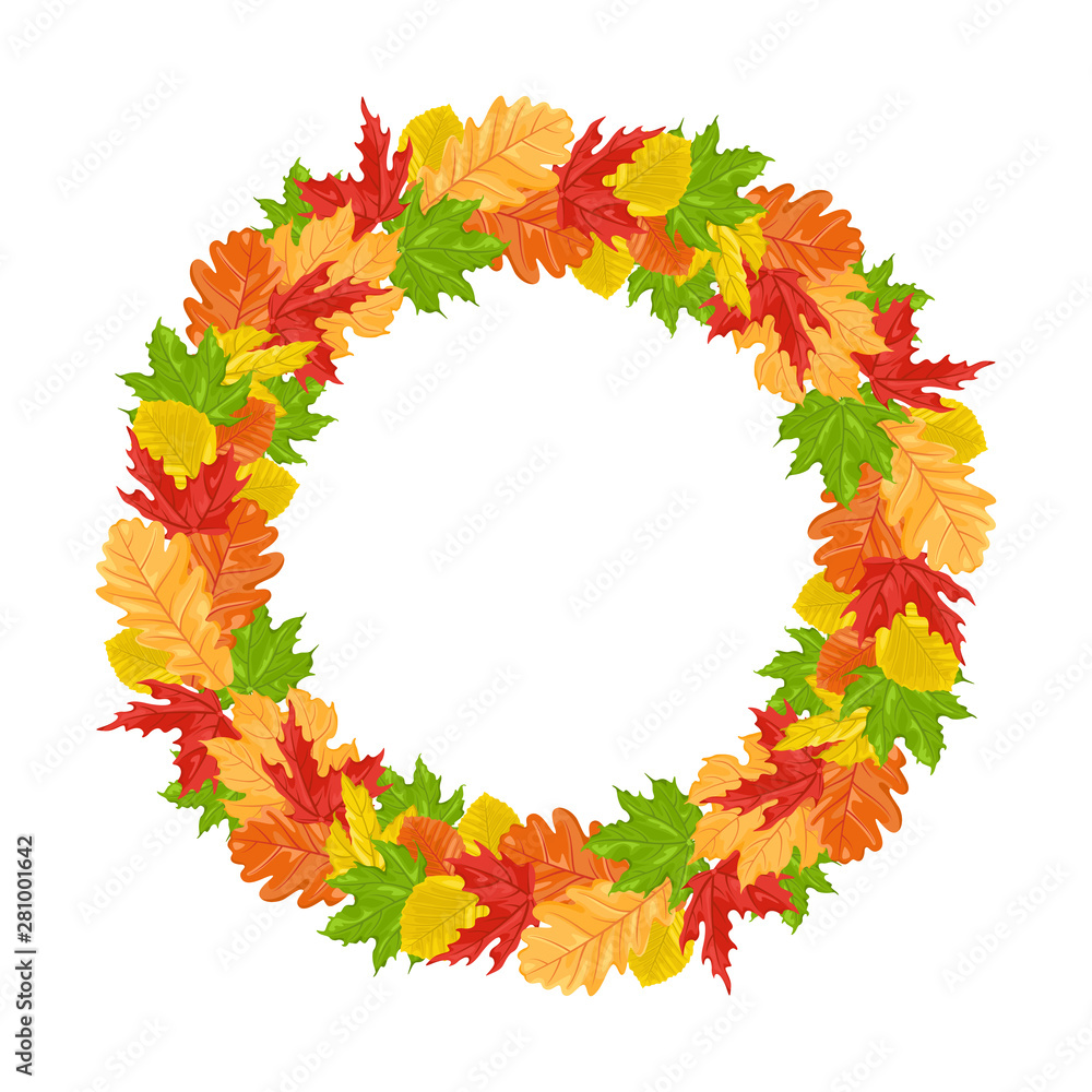 Wreath of autumn leaves isolated on white background. Bright colored fallen leaves. Vector illustrations of autumn garland in cartoon simple flat style. Wreath of autumn leaves isolated on white background. Bright colored fallen leaves. Vector illustrations of autumn garland in cartoon simple flat style.