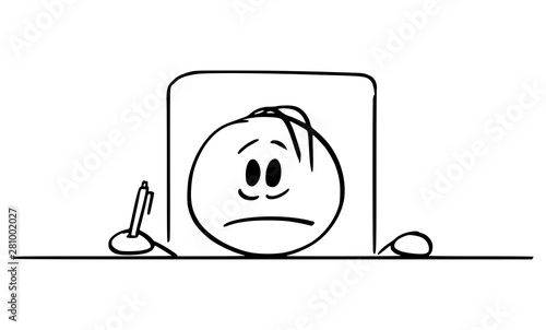 Vector cartoon stick figure drawing conceptual illustration of frustrated or fearful man or businessman sitting with head on the desk, and ballpoint in hand.