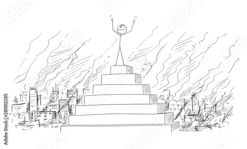 Vector cartoon stick figure drawing conceptual illustration of man or businessman or politician celebrating his victory or triumph on the peak of pyramid, with destroyed city in fire on background.