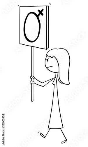 Vector cartoon stick figure drawing conceptual illustration of woman or feminist walking or manifesting with female gender symbol on sign.