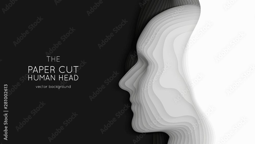 Vector 3D abstract paper cut human head. Monochrome carving art. Paper ...