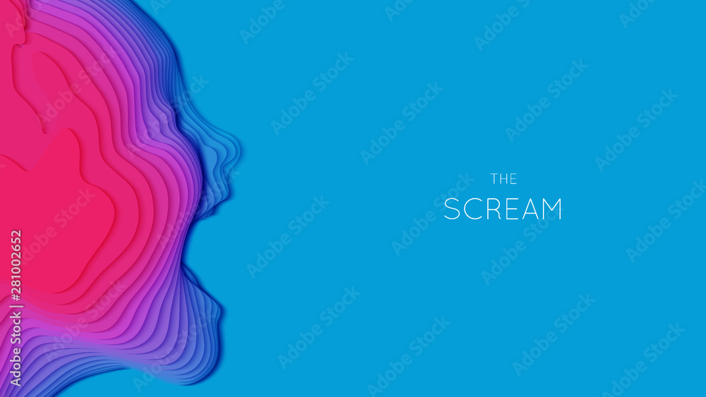 Vector 3D abstract paper cut human head screaming. Colorful carving art. Paper craft head profile with open mouth. Minimalistic design layout for business presentations, flyers, posters.