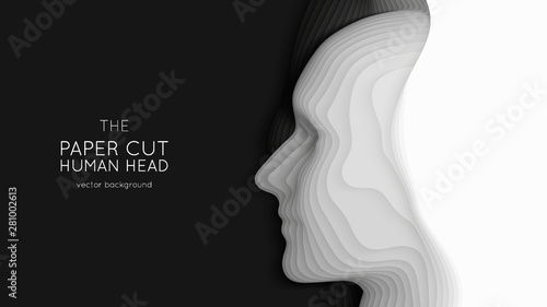 Vector 3D abstract paper cut human head. Monochrome carving art. Paper craft head profile with gradient fade. Minimalistic design layout for business presentations, flyers, posters.