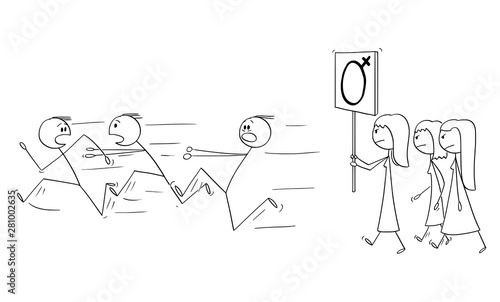 Vector cartoon stick figure drawing conceptual illustration of group of feminist women walking or manifesting with female gender symbol on sign. Men are running away in panic.