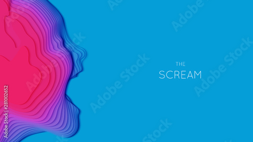 Vector 3D abstract paper cut human head screaming. Colorful carving art. Paper craft head profile with open mouth. Minimalistic design layout for business presentations, flyers, posters.