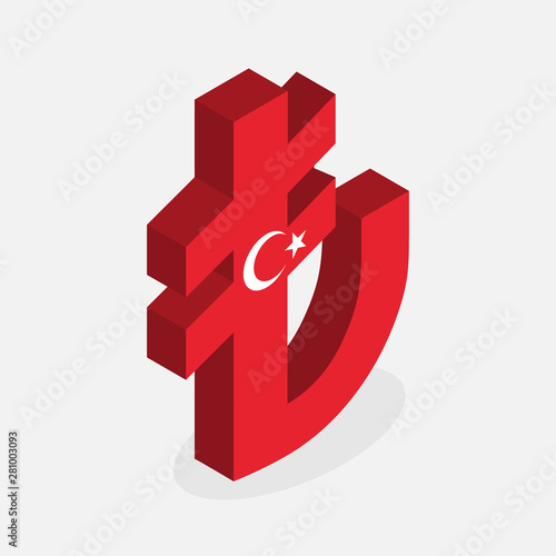 Turkish Lira Currency Symbol with Flag of Turkey, Flat Isometric Style