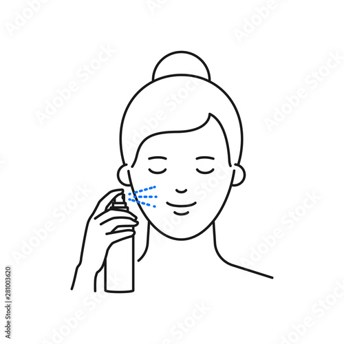 Vector illustration of woman apply facial spray outline style