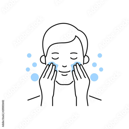 Man washes his face with cleansing vector illustration outline style