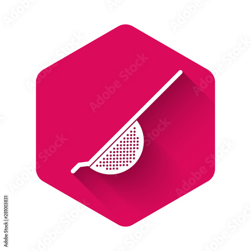 White Kitchen colander icon isolated with long shadow. Cooking utensil. Cutlery sign. Pink hexagon button. Vector Illustration