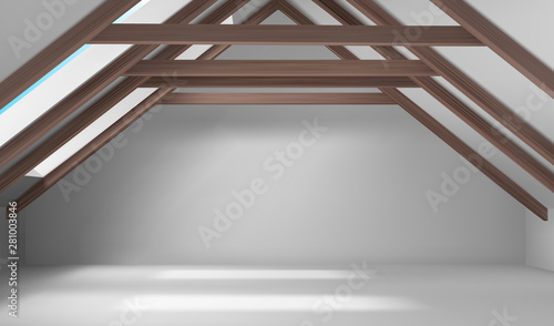 House attic interior, empty mansard room, spacious place on roof with beams ceiling, white floor, walls and wide window, modern architecture inner design, dwelling. Realistic 3d vector illustration photo
