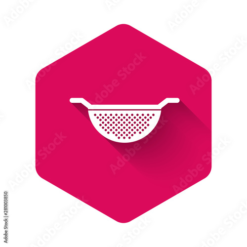 White Kitchen colander icon isolated with long shadow. Cooking utensil. Cutlery sign. Pink hexagon button. Vector Illustration