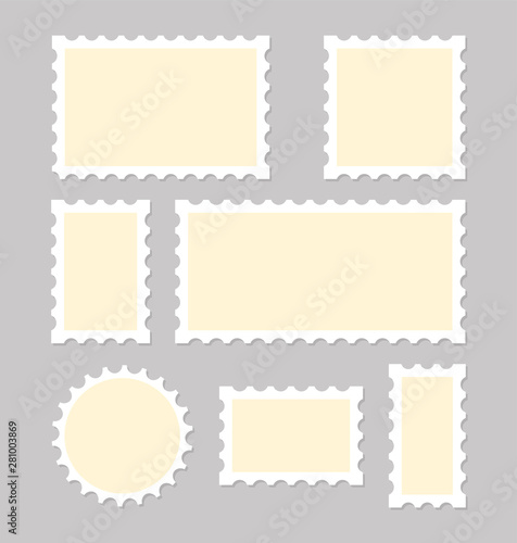 Blank postage stamp. Postcard collection. Postmark perforated paper. Retro style or old style. Vector
