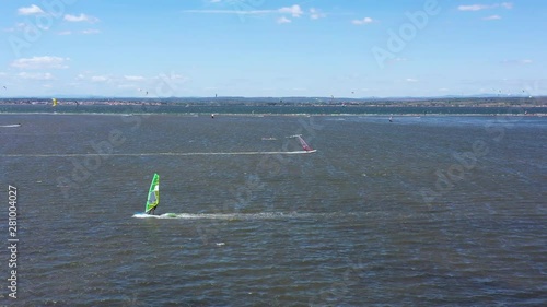 Windsurfing on the Etang de Thau Sete France sunny day aerial shot 