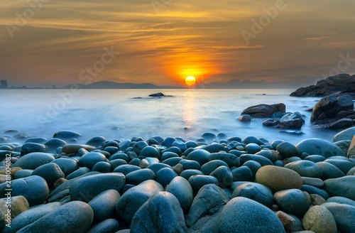 Beautiful Sunrise at rock like eggs beach in Quy Nhon bay, Vietnam