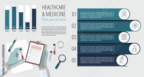 Health Medicine Infographics Information. Hands a medical doctor holding blood sample and making notes. 