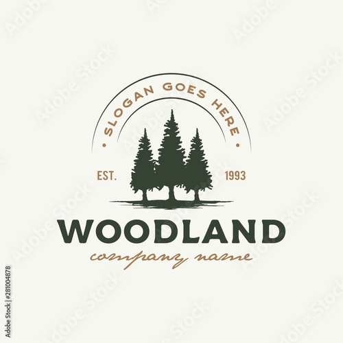 Rustic Retro Vintage Woodland, Evergreen, Pines, Spruce, Cedar trees logo design