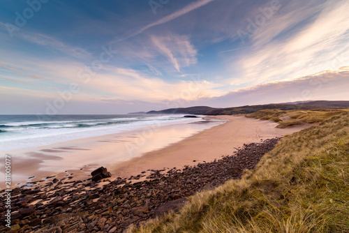 Sandwood Bay in the early morning, with Cape Wrath in far distance, Sutherland, Scotland