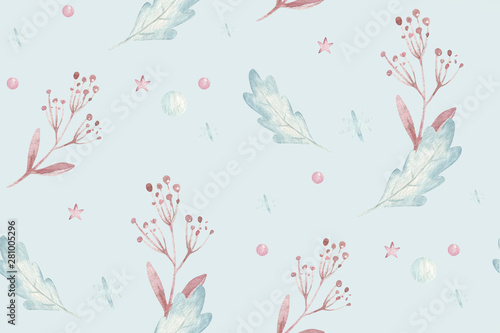 Winter merry christmas seamless nature xmas pattern with cones branch and christmas tree. Floral watercolor texture background new year floral element for fabric  gift paper   New year wallpaper