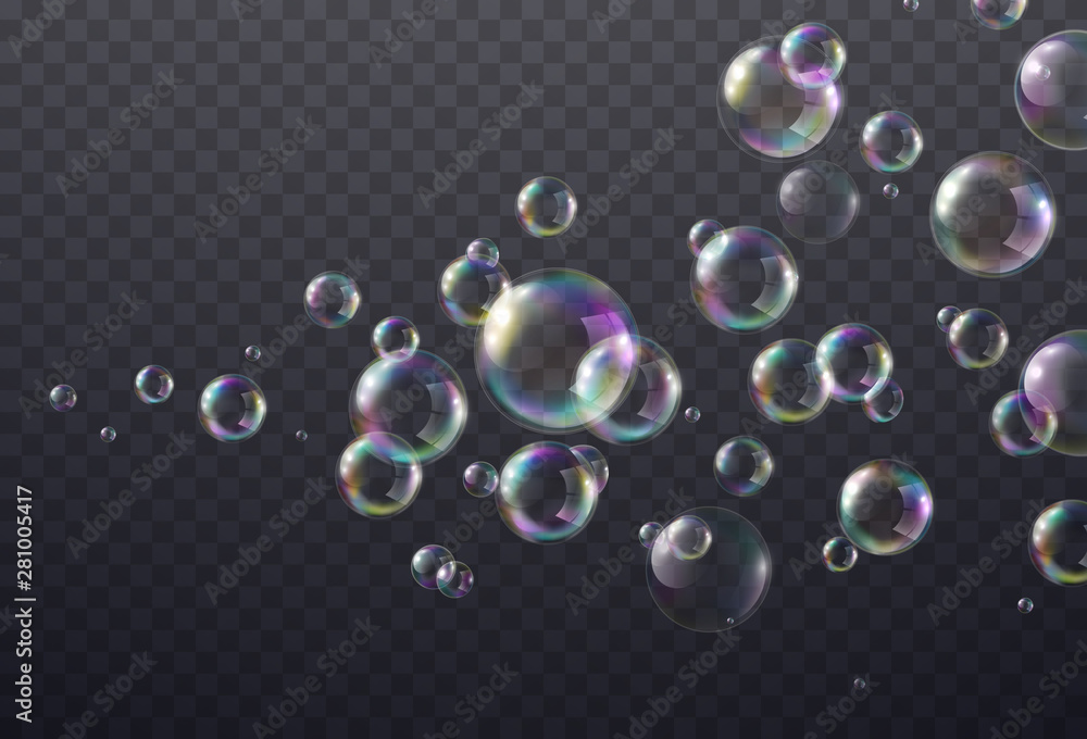 Soap bubble with rainbow colors isolated on transparent background. Realistic vector water foam elements set. Colorful iridescent balls or spheres template. Soap bubble with rainbow colors isolated on transparent background. Realistic vector water foam elements set. Colorful iridescent balls or spheres template.
