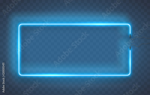 Neon rectangle lamp wall sign isolated on transparent background. Vector blue power glowing bulb banner, light frame for your design.