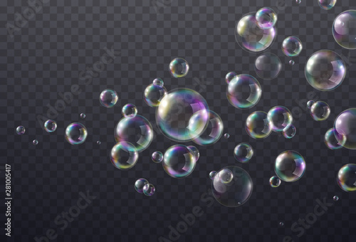 Soap bubble with rainbow colors isolated on transparent background. Realistic vector water foam elements set. Colorful iridescent balls or spheres template.