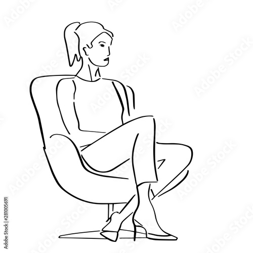 Young woman sitting in armchair in a closed pose. Silhouette of the interviewer, interviewee, correspondent, questioner or TV host. Hand drawn outlines. Black lines drawing. Vector isolated contour.