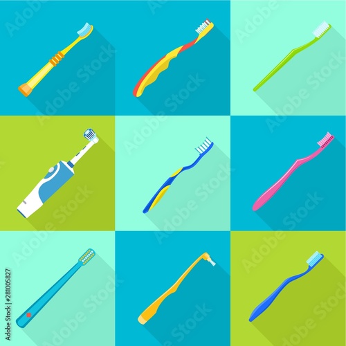 Family toothbrush icon set. Flat set of 9 family toothbrush vector icons for web design isolated on white background