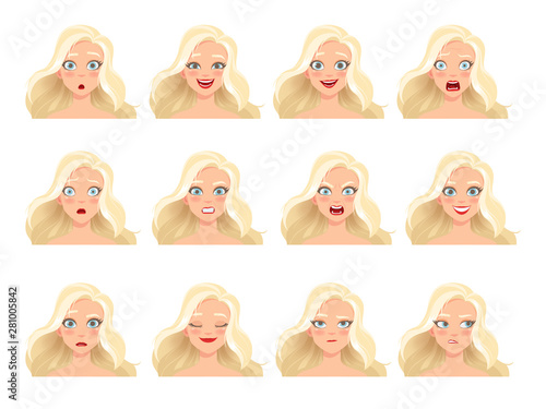 Set of woman's emotions. Facial expression. Girl Avatar. Vector illustration of a cartoon style