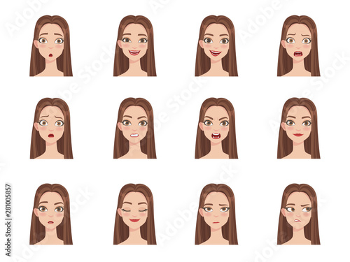 Set of woman's emotions. Facial expression. Girl Avatar. Vector illustration of a cartoon style
