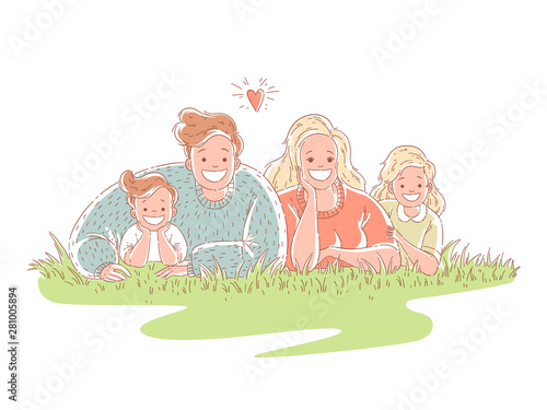 Happy family is lying on the grass. Parents spend time with children. Hand drawn style vector design illustrations.
