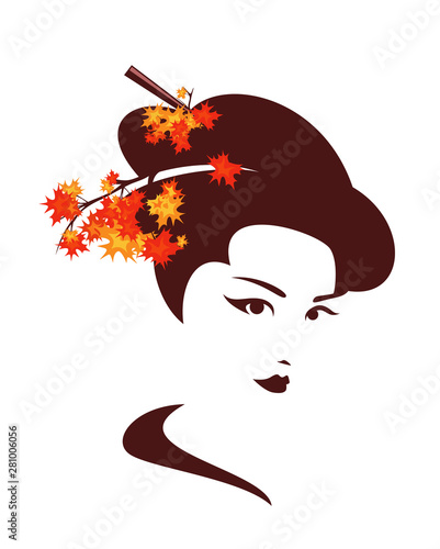 japanese geisha with autumn maple leaves in traditional hair style - beautiful asian woman fall season vector portrait