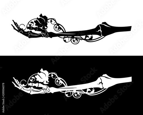 human skeleton hand holding rose flower black and white vector silhouette design