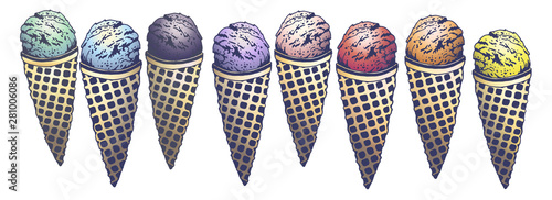 Vector hand drawn set of tasty ice cream flavor cherry, strawberry, orange, lemon, mint, berries, blue curacao ice cream, blueberry, blackberry. Drawn in graphic and real-style by lines. Retro style
