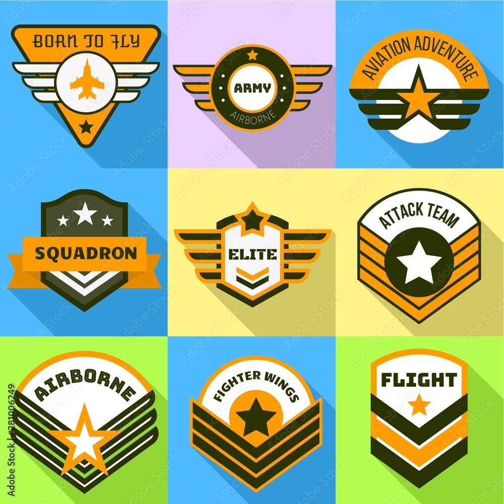 Airborne logo set. Flat set of 9 airborne vector logo for web design isolated on white background