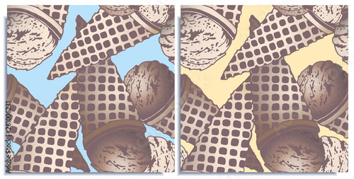 Vector set of seamless patterns with wonderful colorful ice cream, flavor of chocolate and creme brulee, tasty. Hand-drawn in graphic and real-style at the same time. Colorful: brown, beige. Vintage