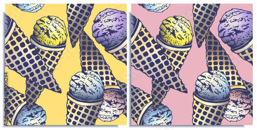 Vector set of seamless patterns with wonderful colorful ice cream, flavor of Blue Curacao, strawberry, blueberry. Hand-drawn in graphic and real-style at the same time. Colorful: blue, yellow, purple