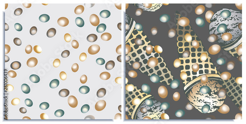 Vector set of seamless patterns with wonderful colorful ice cream, flavor of Blue Curacao, strawberry, blueberry. Colorful scattered little chocolates. Hand-drawn in graphic and real-style. Delicious