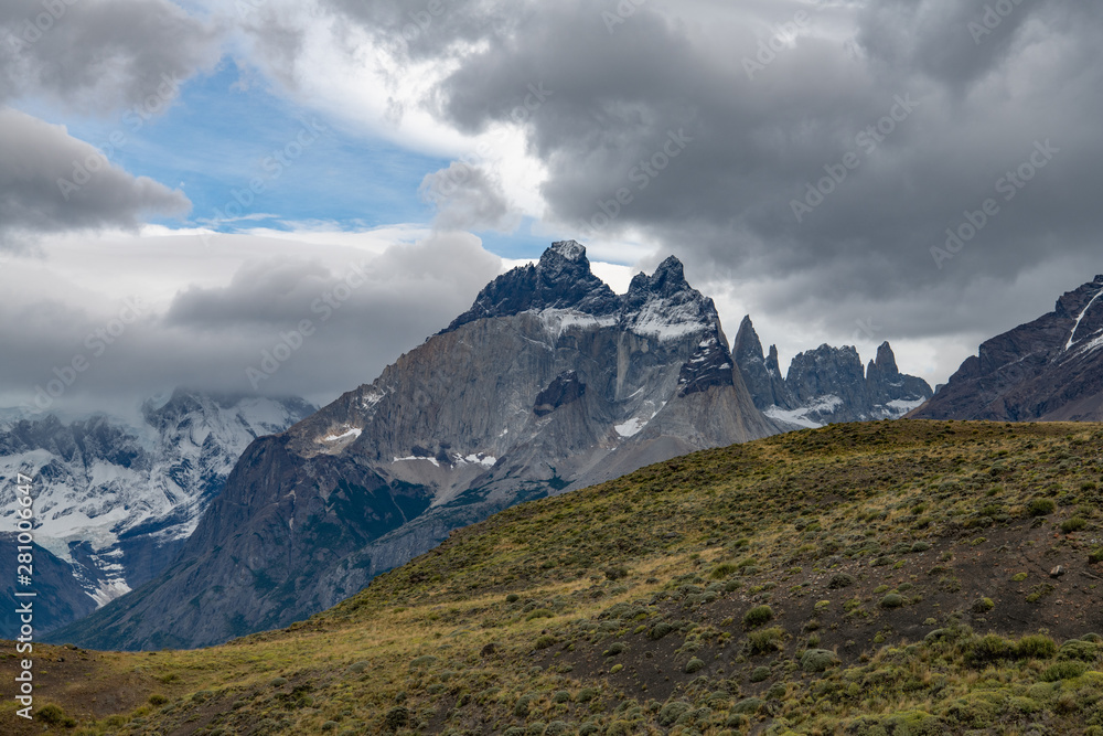 mountains and clouds in Torres del Paine Patagonia