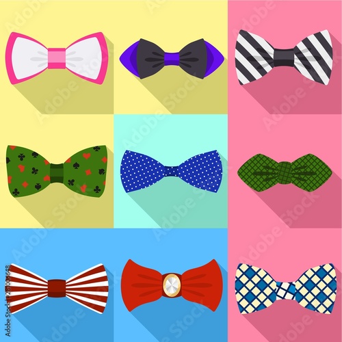 Colorful bow tie icon set. Flat set of 9 colorful bow tie vector icons for web design isolated on white background